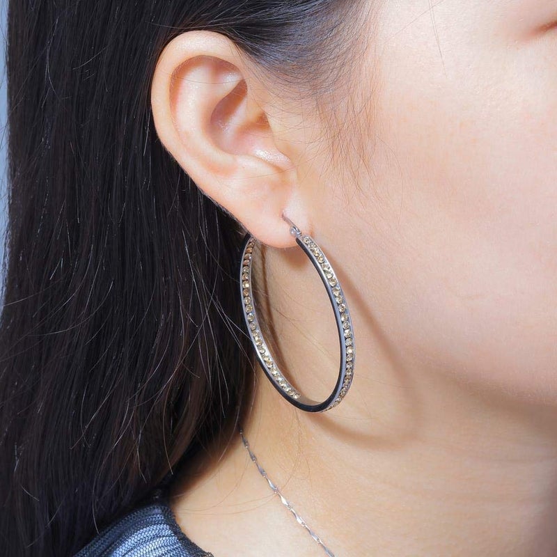 CiNily Stainless Steel Hoop Earrings for Women Ladies Champagne Cubic Zirconia Large Big Hoop Earrings Hypoallergenic for Sensitive Ears - Image 2